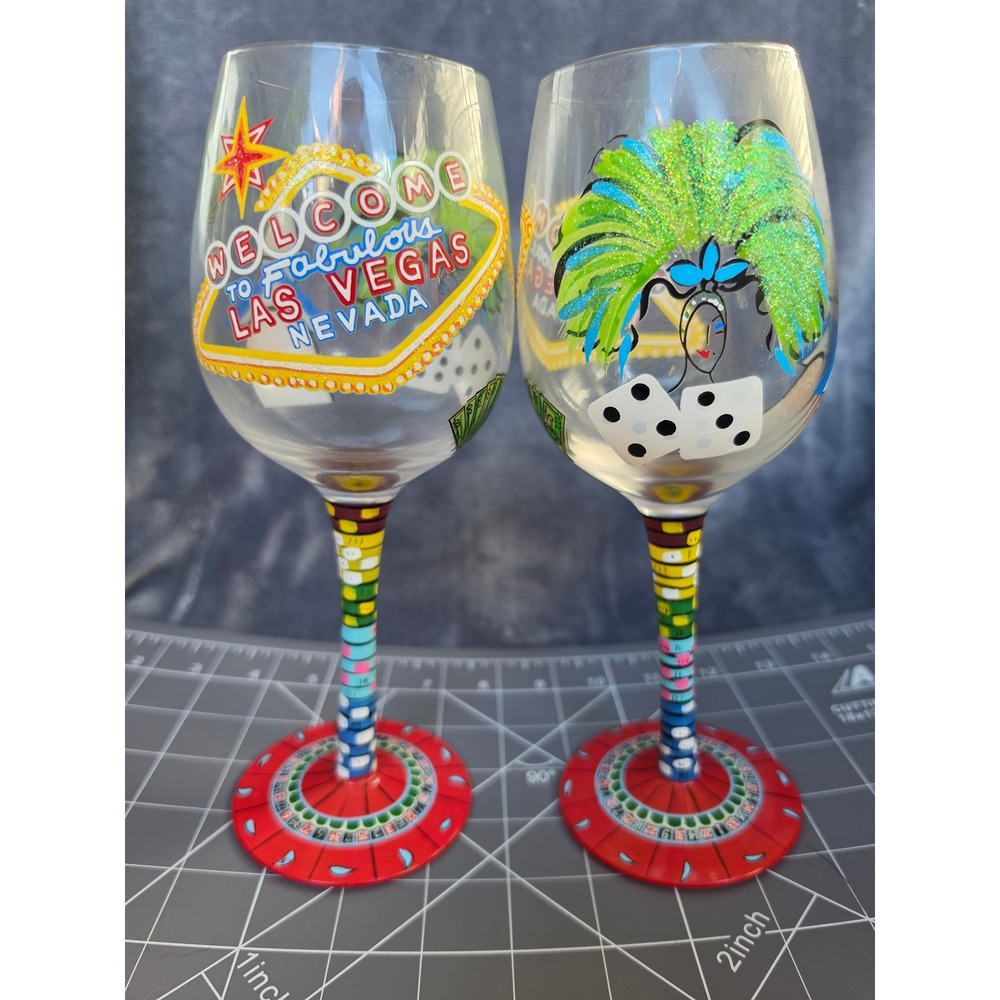 Lolita Love My Wine Las Vegas Hand Painted Wine Glasses Set of 2 Showgirl Dice